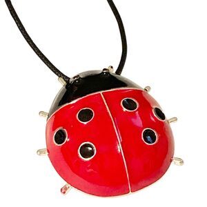 Red Ladybug Pendant Necklace Pin Brooch Enamel 22" Black Cord Insect Bug Big